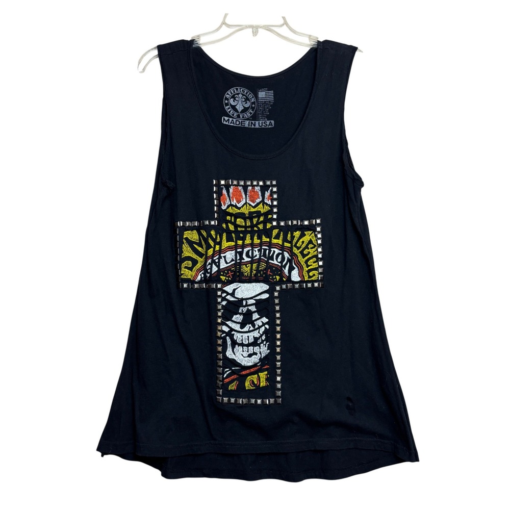 Affliction Tank Top Womens Large Black Studded Cross Skull Distressed Alt Grunge
